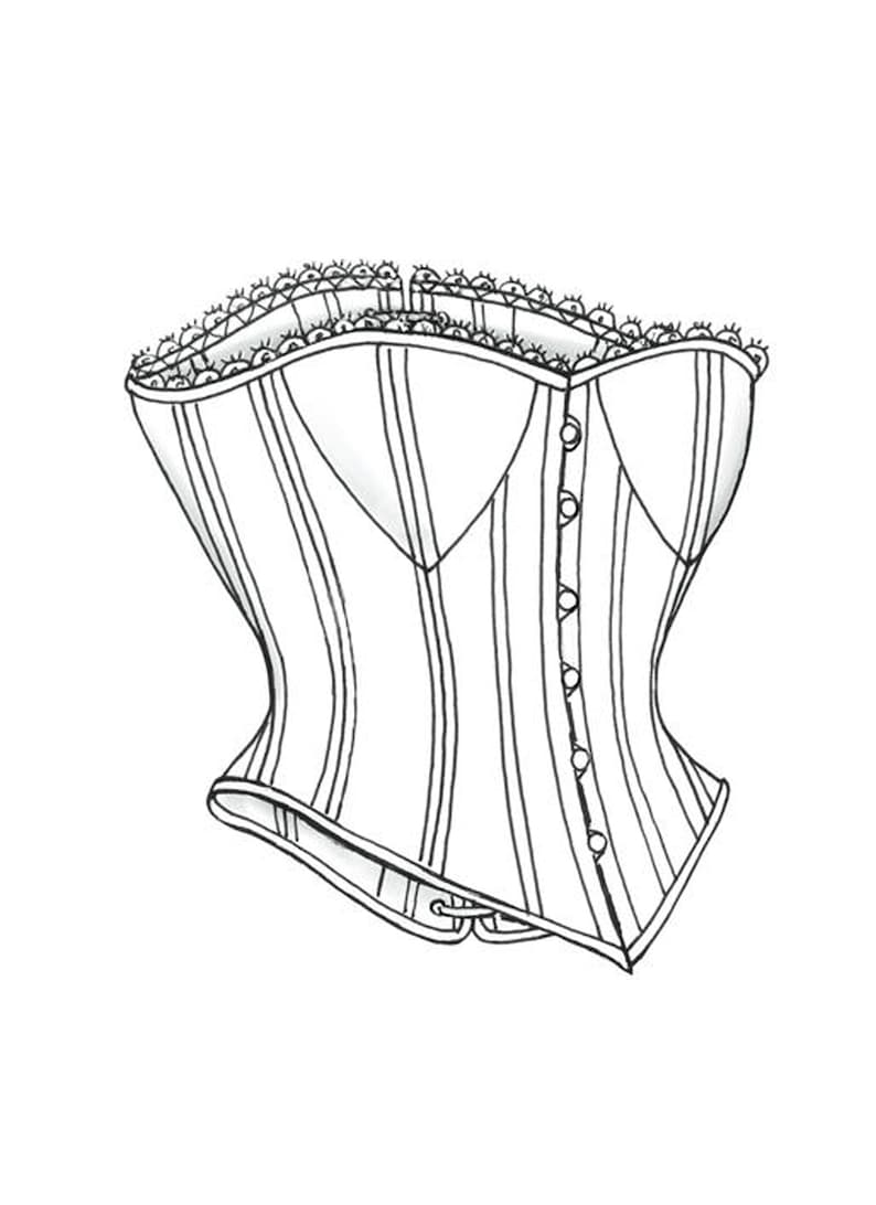 Op de afbeelding: Zwart-wit illustratie van een korset. Het korset heeft verticale strepen, een rij knopen en decoratieve afwerking. Het ontwerp is klassiek en vintage, doet denken aan historische onderkleding.