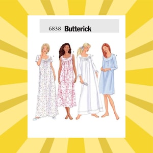 May include: A sewing pattern from Butterick, featuring four different nightgown designs. The nightgowns vary in style, including floral prints and solid colors. The pattern number 6838 is displayed at the top of the image.