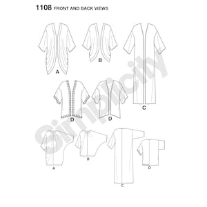 May include: A black and white technical line drawing showing front and back views of four different garment styles labeled 1108. The illustrations display various lengths of open-front cardigans and kimonos with short or long sleeves and hem details.