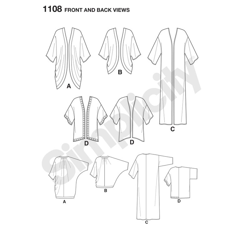 May include: A black and white technical line drawing showing front and back views of four different garment styles labeled 1108. The illustrations display various lengths of open-front cardigans and kimonos with short or long sleeves and hem details.