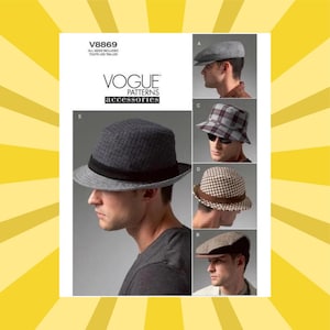 May include: A Vogue Patterns accessories catalog featuring various men's hats. The hats include a gray flat cap, a plaid bucket hat, a houndstooth fedora, and a gray fedora with a black band. The catalog has the text "V8869" and "Vogue Patterns Accessories".