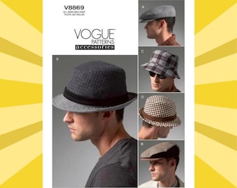 Sewing Pattern for Mens Hats - Size S M L XL (All Sizes) Fedora, Newsboy, Flat Cap and Bucket Hat - UNCUT F/F - Vogue 8869 V8869