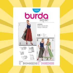 May include: A Burda Style sewing pattern for a Dirndl, a traditional Bavarian dress. The pattern includes illustrations of the dress in various styles, with size charts in both UK and European sizes. The pattern number is 7870.