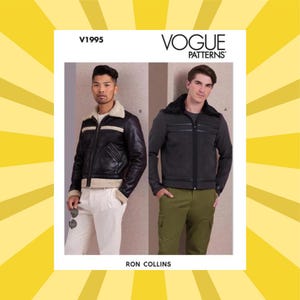 Könnte beinhalten: Vogue Patterns V1995 Schnittmuster mit zwei Jacken-Designs. Eine Jacke ist schwarz mit cremefarbenem Shearling-Kragen und -Besatz. Die andere ist eine graue Jacke mit schwarzem Kunstfellkragen. Das Schnittmuster stammt von Ron Collins.