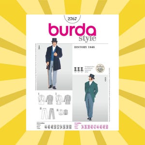 May include: A Burda Style sewing pattern titled "History 1848" featuring illustrations of historical men's clothing. The pattern includes diagrams and size charts in both EUR and US sizes. The cover is white with a yellow border.