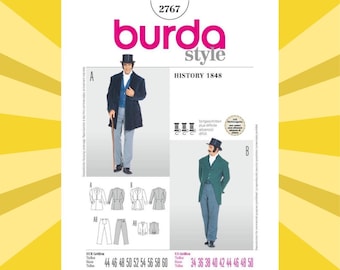 Patrón de costura para traje histórico masculino de 1848 - Tallas 34 36 38 40 42 44 46 48 50 Chaqueta, chaleco y pantalón con peto - SIN CORTAR F/F - Burda 2767