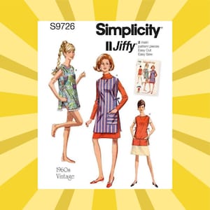 May include: Vintage Simplicity II Jiffy sewing pattern S9726. The pattern features illustrations of 1960s dresses and aprons. The package includes instructions for easy cut and easy sew projects. The cover has a yellow and white background.