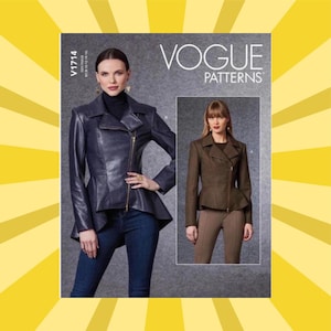 May include: Vogue Patterns sewing pattern featuring a leather jacket with a peplum design. The jacket is navy blue with a gold zipper. The pattern includes a second jacket in a brown tweed fabric. The pattern number is V1714.