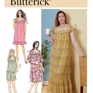 May include: Butterick pattern B6883 shows illustrations of sleepwear designs. The designs include a pink dotted nightgown, a green shorts set, and a floral print nightgown. The woman in the image is wearing a yellow nightgown with a ruffle hem.