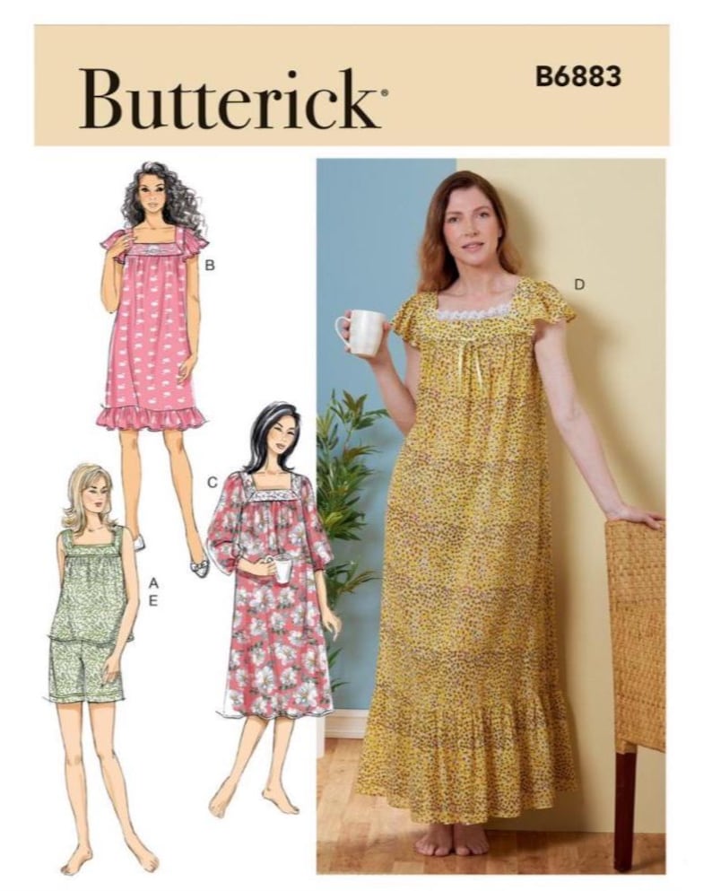 May include: Butterick pattern B6883 shows illustrations of sleepwear designs. The designs include a pink dotted nightgown, a green shorts set, and a floral print nightgown. The woman in the image is wearing a yellow nightgown with a ruffle hem.