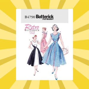 May include: A vintage sewing pattern titled "B4790 Butterick FAST & EASY" featuring illustrations of retro dresses from the '52 collection. The dresses are in black and white, pink, and blue, with a yellow background.