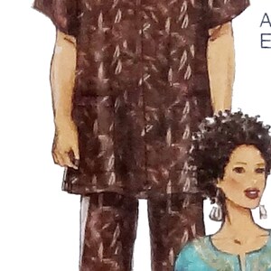 May include: Two people wearing matching brown and white patterned clothing. The person on the left is wearing a long-sleeved shirt and pants. The person on the right is wearing a long-sleeved dress.