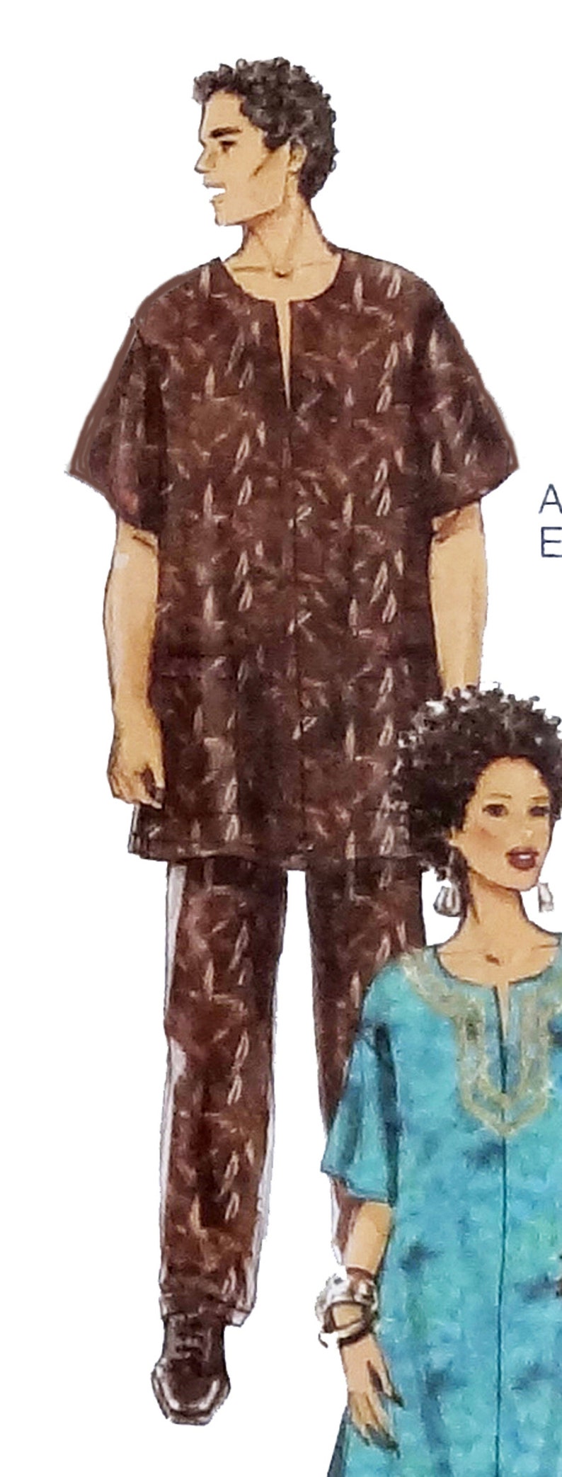 May include: Two people wearing matching brown and white patterned clothing. The person on the left is wearing a long-sleeved shirt and pants. The person on the right is wearing a long-sleeved dress.