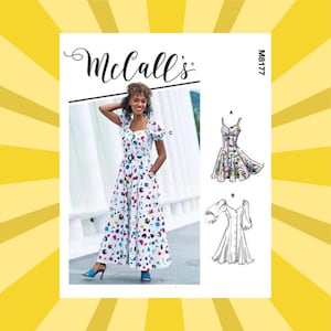 May include: A McCall's sewing pattern featuring a woman wearing a white floral print dress with a square neckline and short sleeves. The pattern includes illustrations of two dress designs. The pattern number is M8177.