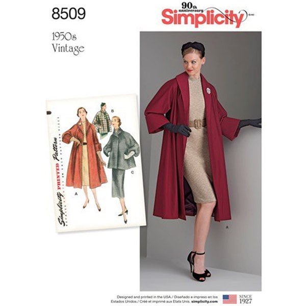Simplicity 8509 / S8509 Retro 50s Swing Coat Sewing Pattern for Women - Size 6 8 10 12 14 or 14 16 18 20 22 - NEW UNCUT F/F