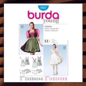 Sewing Pattern for Young Women & Teen Dirndl Costume - Size 6-20 (EUR Size 32-46) Mini or Knee Length Dirndl - UNCUT F/F - Burda 7057