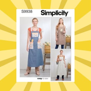 May include: Simplicity sewing pattern S9938 featuring aprons. The aprons are shown in denim, plaid, and solid white fabrics. The aprons have pockets and straps. The text "easy-to-sew" is visible.