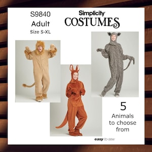 May include: Simplicity Costumes pattern S9840 for adults, sizes S-XL. The image shows three animal costumes: a lion, a kangaroo, and a leopard. The text says "5 Animals to choose from".