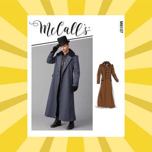 May include: A McCall's sewing pattern featuring a long, gray coat with a black fur collar. The pattern includes a full-length image of the coat on a model, along with a smaller illustration of the coat in brown. The pattern number is MB137.