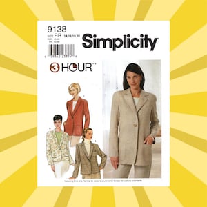 May include: Simplicity sewing pattern 9138 featuring a blazer. The pattern includes multiple blazer styles with different designs. The front of the pattern shows a woman wearing a beige blazer. The pattern size is RR 14, 16, 18, 20.