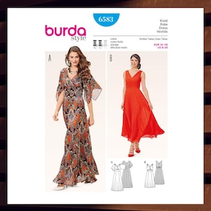 May include: A Burda Style sewing pattern with two dress designs. One is a long, flowing gown with a paisley print. The other is a knee-length, solid red dress. Sizes are EUR 34-46 and US 8-20. The pattern is labelled 'Kleid, Robe, Dress, Vestido'.