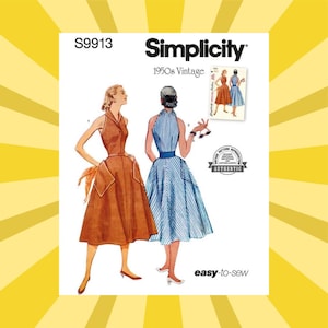 May include: Simplicity 1950s vintage sewing pattern with illustrations of two dresses. One dress is brown with a halter neckline, the other is blue and white striped with a halter neckline. The pattern includes the text "easy-to-sew".