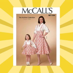 May include: McCall's M7184 sewing pattern featuring a mother and daughter in matching dresses. The dresses are red with white circular patterns, paired with white blouses. The pattern is from The Archive Collection, Circa 1958.