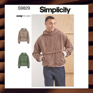 May include: Simplicity sewing pattern S9829. The image shows a man wearing a brown corduroy hoodie with a zipper and front pocket. Two smaller images show the pattern designs: a plaid hoodie and a green hoodie. The text "easy-to-sew" is also visible.