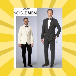 May include: Vogue Men's pattern featuring two formal suit styles. One suit is a cream-colored jacket with black pants, and the other is a black suit. Both models are wearing bow ties. The pattern is labeled V9097.