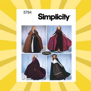 May include: Simplicity pattern 5794 features four images of capes and dresses. The capes are brown, burgundy, and green. The dresses are black and white. The pattern is labeled "Simplicity" and includes the number "5794".