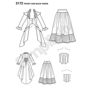 May include: Line drawing of a sewing pattern with front and back views of a Victorian-style outfit. The pattern includes a long coat, skirts, and a corset. The text "2172 FRONT AND BACK VIEWS" is at the top.