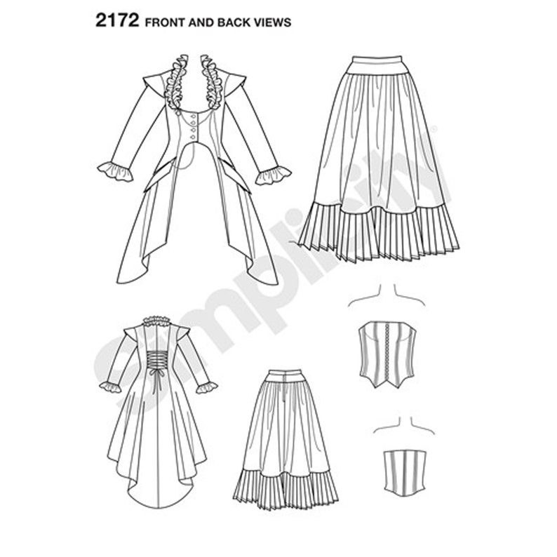 May include: Line drawing of a sewing pattern with front and back views of a Victorian-style outfit. The pattern includes a long coat, skirts, and a corset. The text "2172 FRONT AND BACK VIEWS" is at the top.