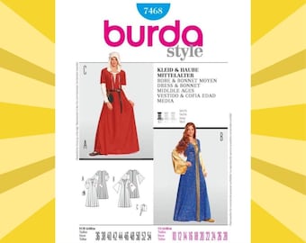 Patrón de costura para traje medieval de mujer - Tallas 10 12 14 16 18 20 22 24 26 28 - SIN CORTAR F/F - Burda 7468