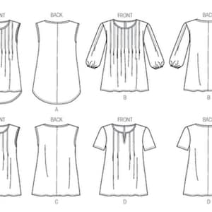 May include: Line drawings of four tunic designs, each with front and back views. Styles include sleeveless, long-sleeved with gathered cuffs, and short-sleeved options. All feature vertical pleat detailing.
