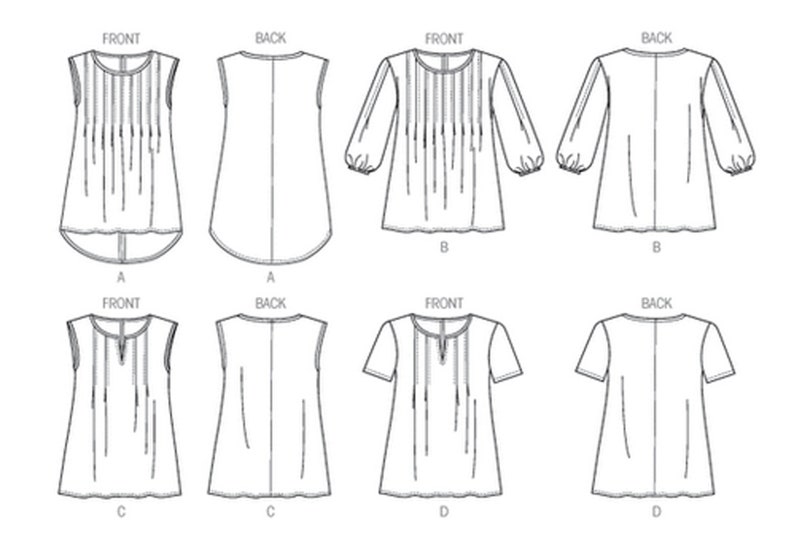 May include: Line drawings of four tunic designs, each with front and back views. Styles include sleeveless, long-sleeved with gathered cuffs, and short-sleeved options. All feature vertical pleat detailing.