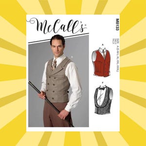 May include: McCall's M8133 sewing pattern featuring a double-breasted vest. The image shows a man wearing a vest and holding a cane. The pattern includes size options from small to XXXL.