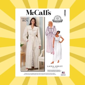 May include: McCall's sewing pattern featuring vintage 80s Laura Ashley designs. The pattern includes illustrations of long dresses and robes. The package has the text "AUTHENTIC" and "Designed and printed in USA".