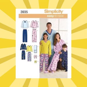 May include: A Simplicity 3935 easy-to-sew pattern envelope featuring illustrations of various pajama sets and slippers. The cover displays a group wearing different styles of long-sleeved tops and pants in blue, yellow, and floral patterns.