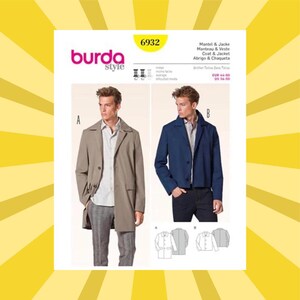 May include: A Burda Style pattern package, number 6932, featuring illustrations of a coat and jacket. The package includes images of a long tan coat and a short blue jacket. The text on the package includes the words "Mantel & Jacke" and "Coat & Jacket."