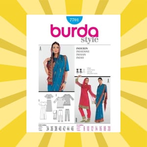 May include: A Burda Style sewing pattern featuring an Indian-style design. The pattern includes images of the finished garments, with sizes ranging from 34 to 46 and 8 to 20. The cover has the text "7701" and "burda style".