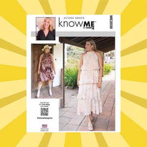 May include: A sewing pattern package with two dress designs. The package features a photo of a woman wearing a tiered, halter-neck dress and another wearing a patterned dress. The package includes the text "ALISHA GRACE knowME by mimig" and "ME2038".