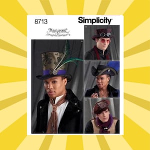 May include: Simplicity pattern 8713 featuring various steampunk-style hats. The hats include a top hat with a feather, a burgundy hat with goggles, a black hat with gold trim, and a patterned cap. The pattern is for costume design.
