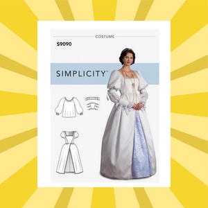 May include: Simplicity costume pattern S9090 featuring a white and blue dress with long sleeves and a square neckline. The pattern includes illustrations of the dress and a blouse. The word "COSTUME" is printed at the top.