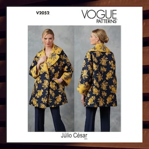 May include: Vogue Patterns V2052 coat pattern featuring a floral print in yellow and blue. The coat has a collar and long sleeves. The pattern is designed by Julio Cesar NYC.