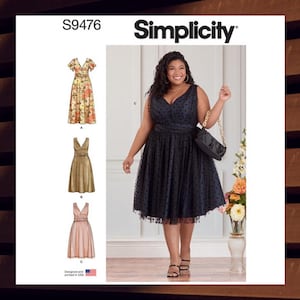 May include: Simplicity sewing pattern S9476 for a dress with three different style options. The pattern includes a floral print dress, a solid gold dress, and a black polka dot dress. The model is wearing the black polka dot dress.