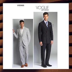 May include: Vogue Patterns V8988. The image shows two men's suit styles. One is a light gray seersucker suit with a single-breasted jacket. The other is a black double-breasted suit. Both suits are classic and tailored.
