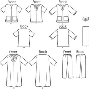 May include: A sewing pattern for a tunic top and pants. The pattern includes instructions for making a tunic with short sleeves, a tunic with long sleeves, and pants. The pattern also includes a diagram of the different pieces of the pattern.