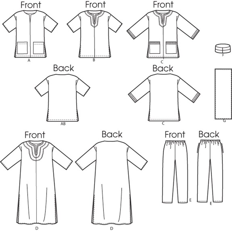 May include: A sewing pattern for a tunic top and pants. The pattern includes instructions for making a tunic with short sleeves, a tunic with long sleeves, and pants. The pattern also includes a diagram of the different pieces of the pattern.