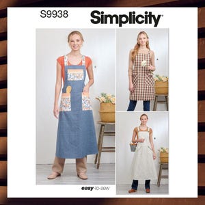May include: Simplicity sewing pattern S9938 featuring three apron designs. One apron is blue with floral pockets, another is a brown plaid, and the third is a solid white apron. The words "easy-to-sew" are printed on the bottom.