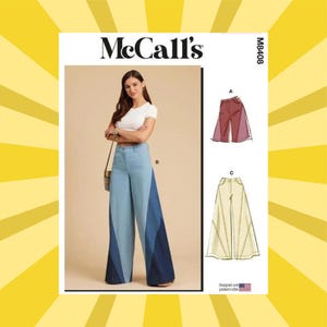 May include: McCall's sewing pattern M8408 featuring a woman wearing color-blocked wide-leg jeans. The pattern includes illustrations of two different pant styles. The pattern is designed and printed in the USA.